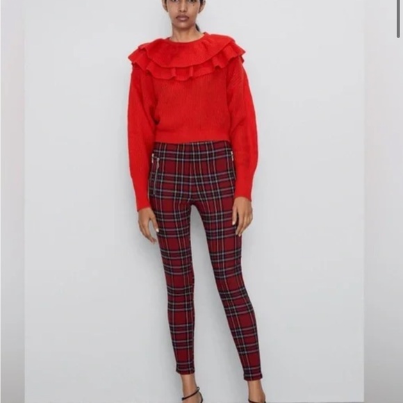 ZARA red plaid punk pants with zippers - Picture 7 of 7